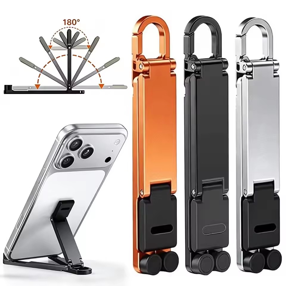 Tablet Stand Adjustable - ミニキーチェーン折りたたみ式携帯電話背面クリップスタンド、ポータブル調整可能モバイルフォンホルダー、ポケットサイズの軽量薄型キックスタンド、旅行やデスク用