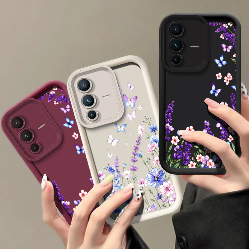 Vivo V40 - Vivo V70 FE、V60、V50 Lite、V30 SE、V29E、V40 Pro対応、ラベンダーバタフライ柄のスマートフォンケース。シリコン製で、レンズを保護するソフトな背面カバー。