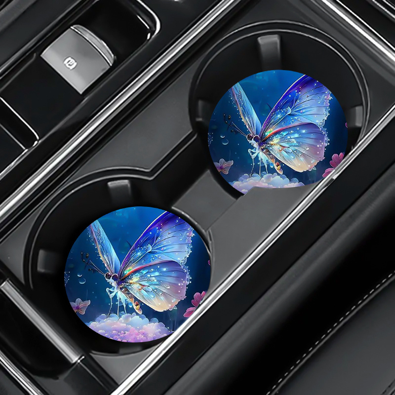 美しい蝶の車用カップコースター2個、ラウンドテーブルコースタ - Unique Table Accessories のレビューと価格